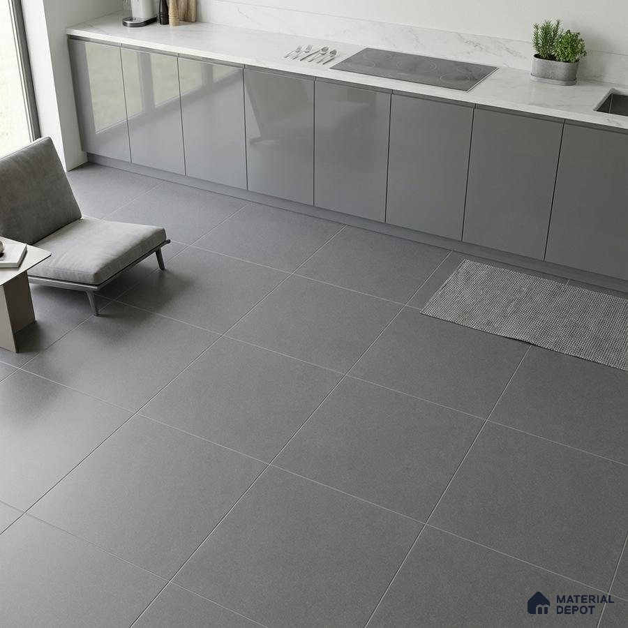 Minimalist kitchen with grey high gloss laminate cabinets and white marble countertop