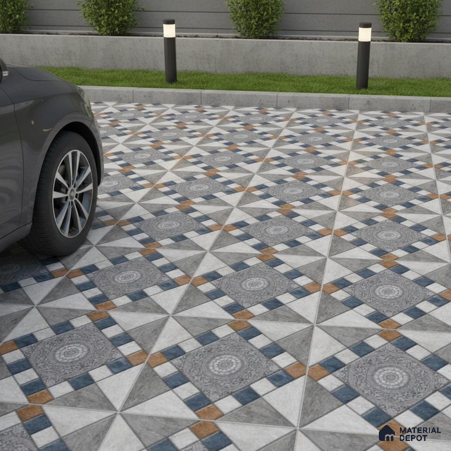 Modern parking with geometric patterned outdoor floor tiles in grey, blue, and terracotta