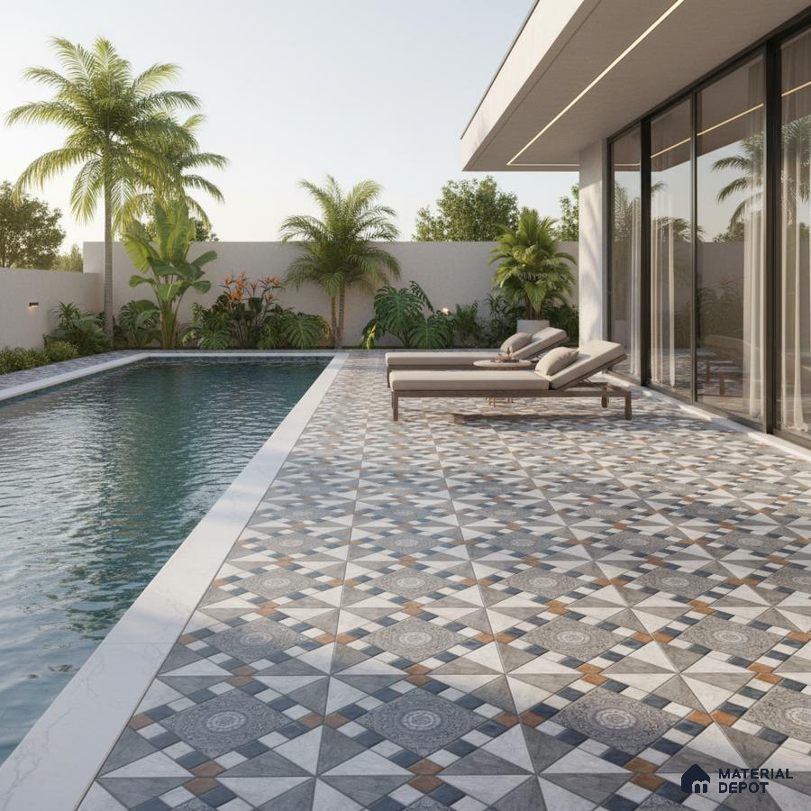 Modern outdoor poolside with geometric patterned floor tiles and tropical landscaping