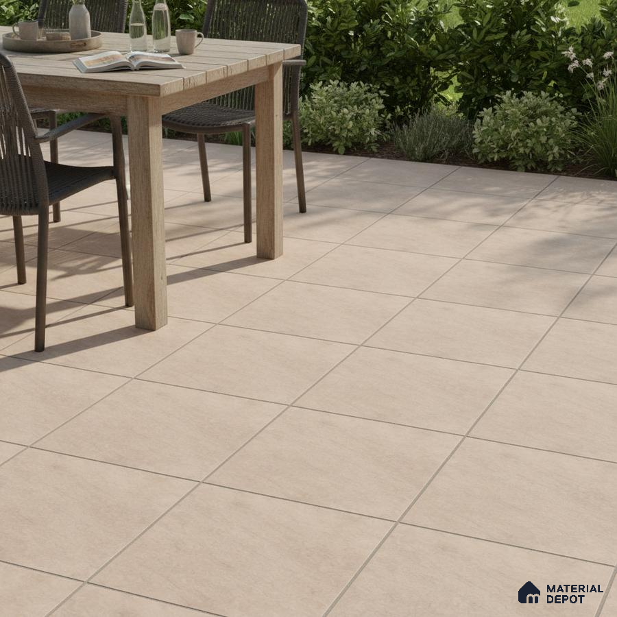 Minimalist outdoor patio with beige stone-look floor tiles and natural wood dining set