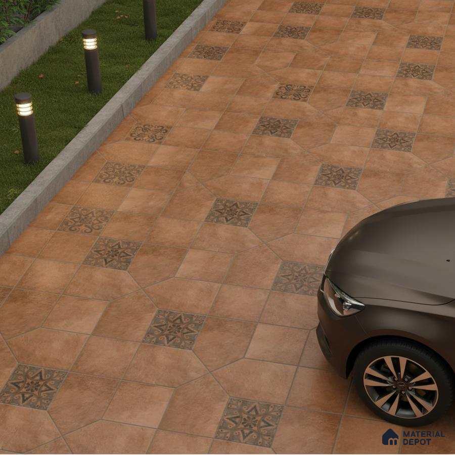 Modern parking area with terracotta patterned floor tiles