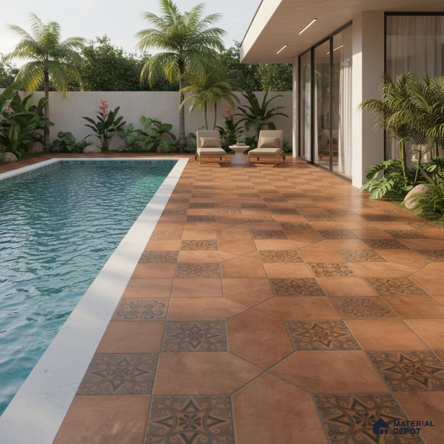 Mediterranean outdoor poolside with terracotta patterned floor tiles