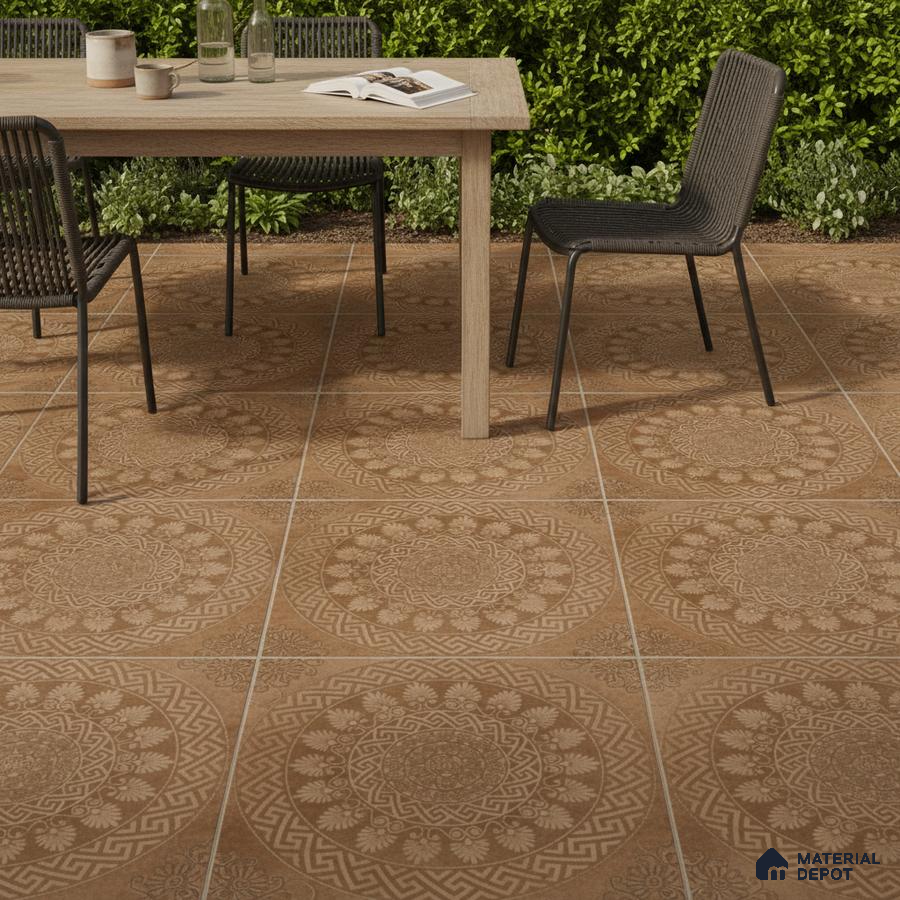Mediterranean outdoor space with terracotta patterned floor tiles and natural wood dining table