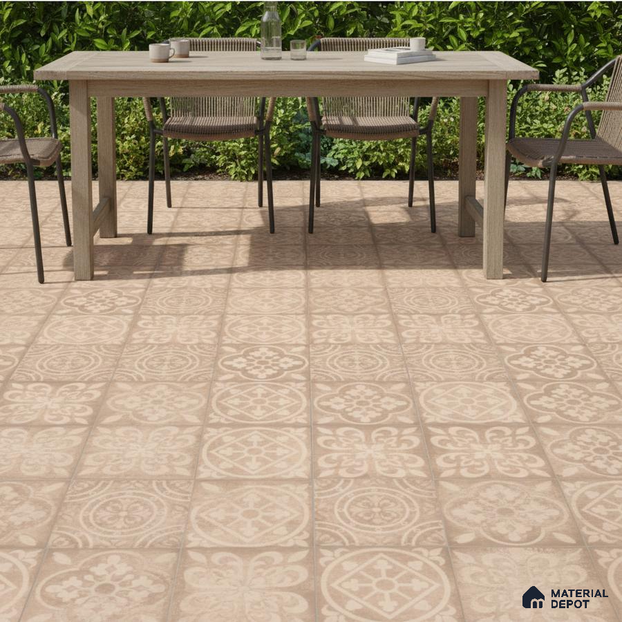 Mediterranean outdoor dining with beige patterned floor tiles and wooden table
