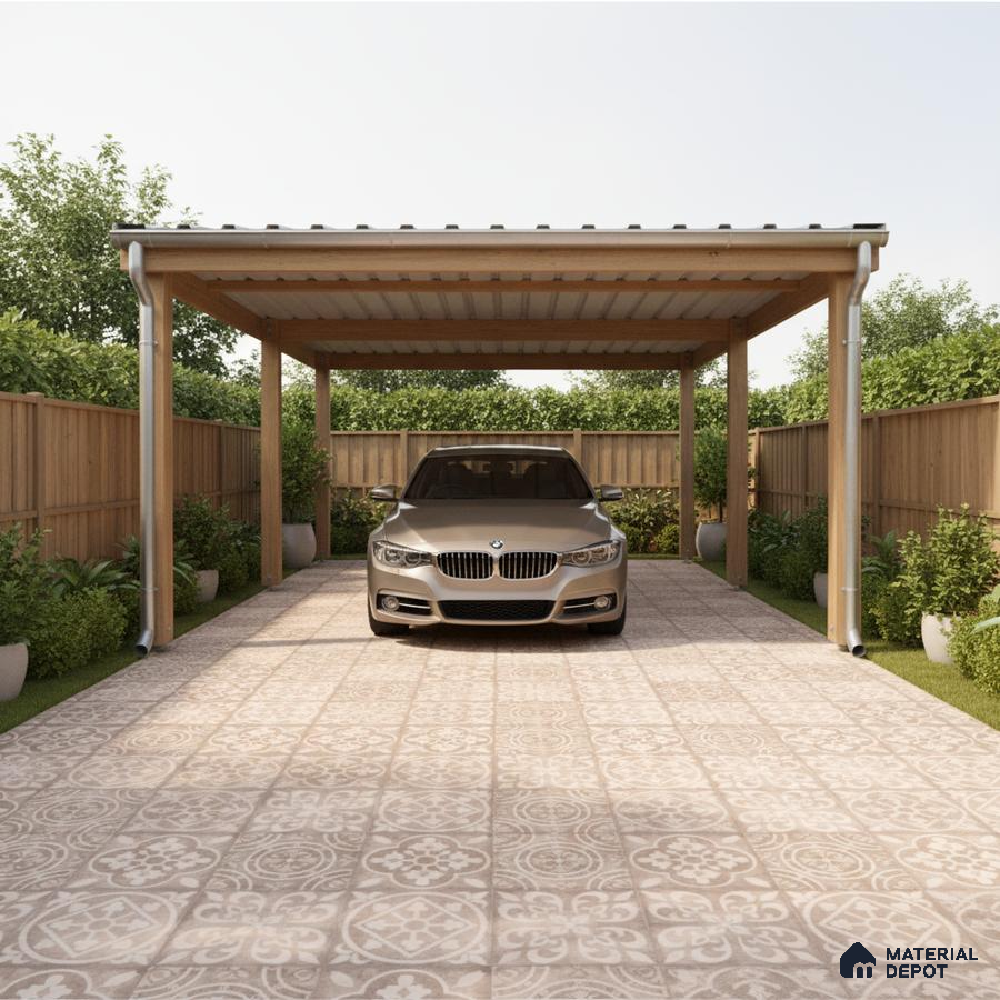 Modern parking with patterned beige floor tiles and wooden pergola structure