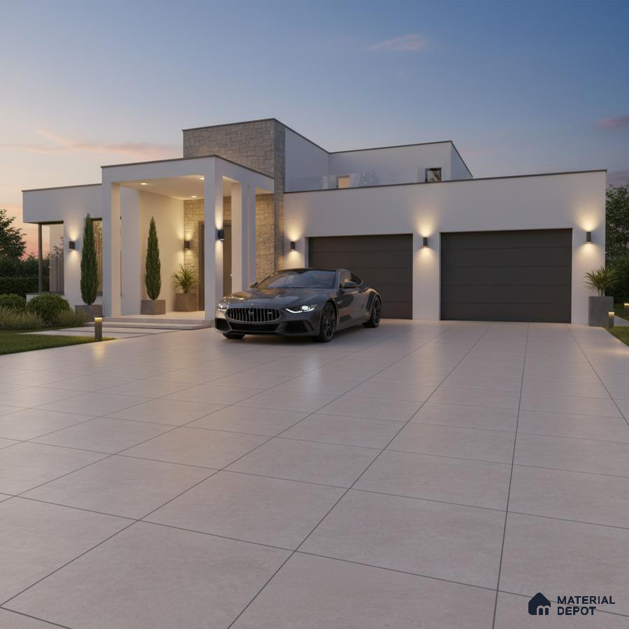 Modern parking with large format beige outdoor tiles and stone cladding accent wall