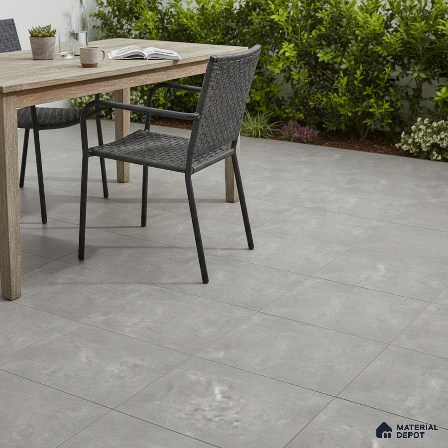 Minimalist outdoor space with light grey stone-look floor tiles and wooden dining table