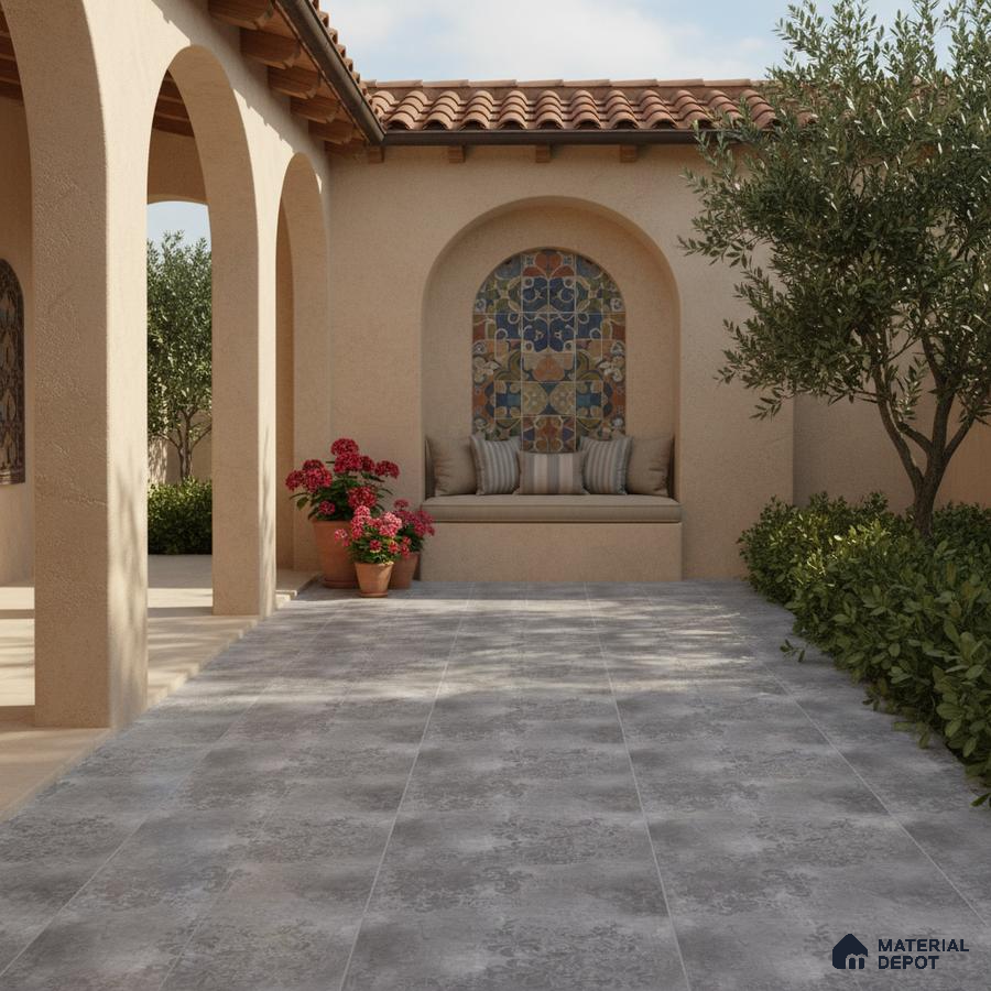 Mediterranean outdoor space with patterned grey floor tiles and colorful mosaic accent wall