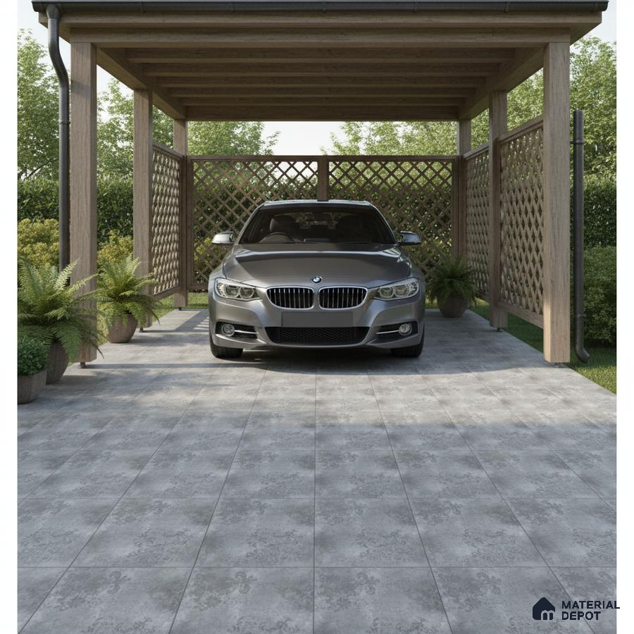 Modern parking with grey patterned floor tiles and wooden pergola structure