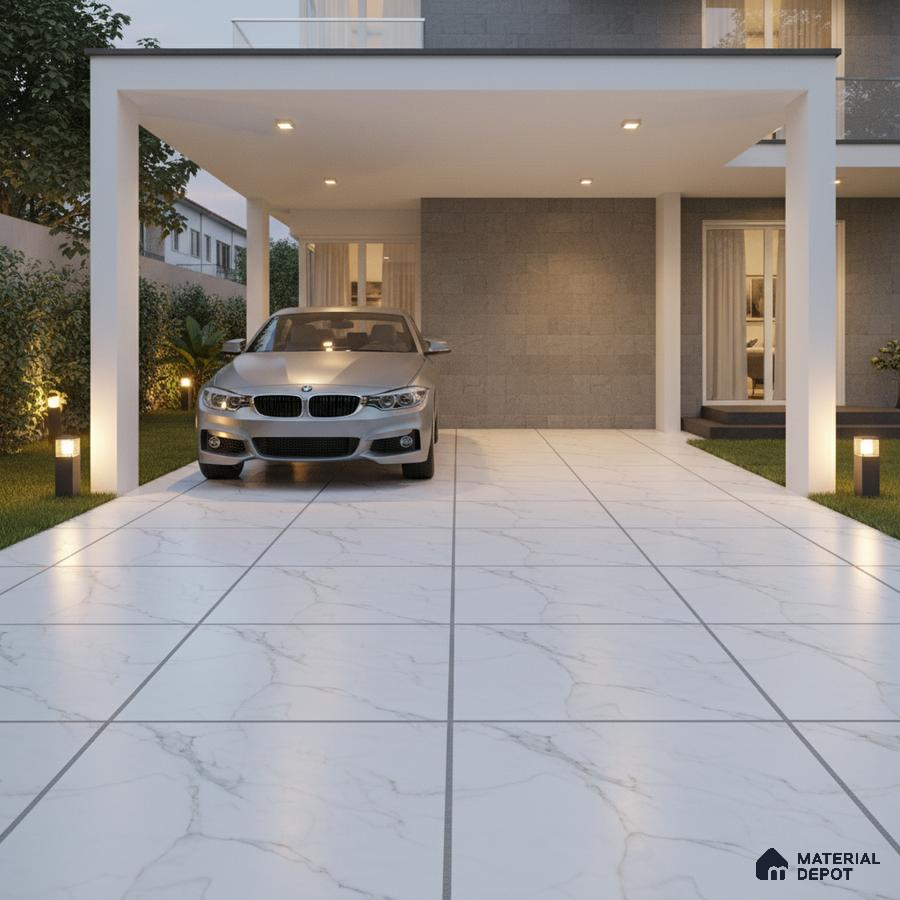 Modern parking with white marble-look floor tiles and grey stone cladding wall