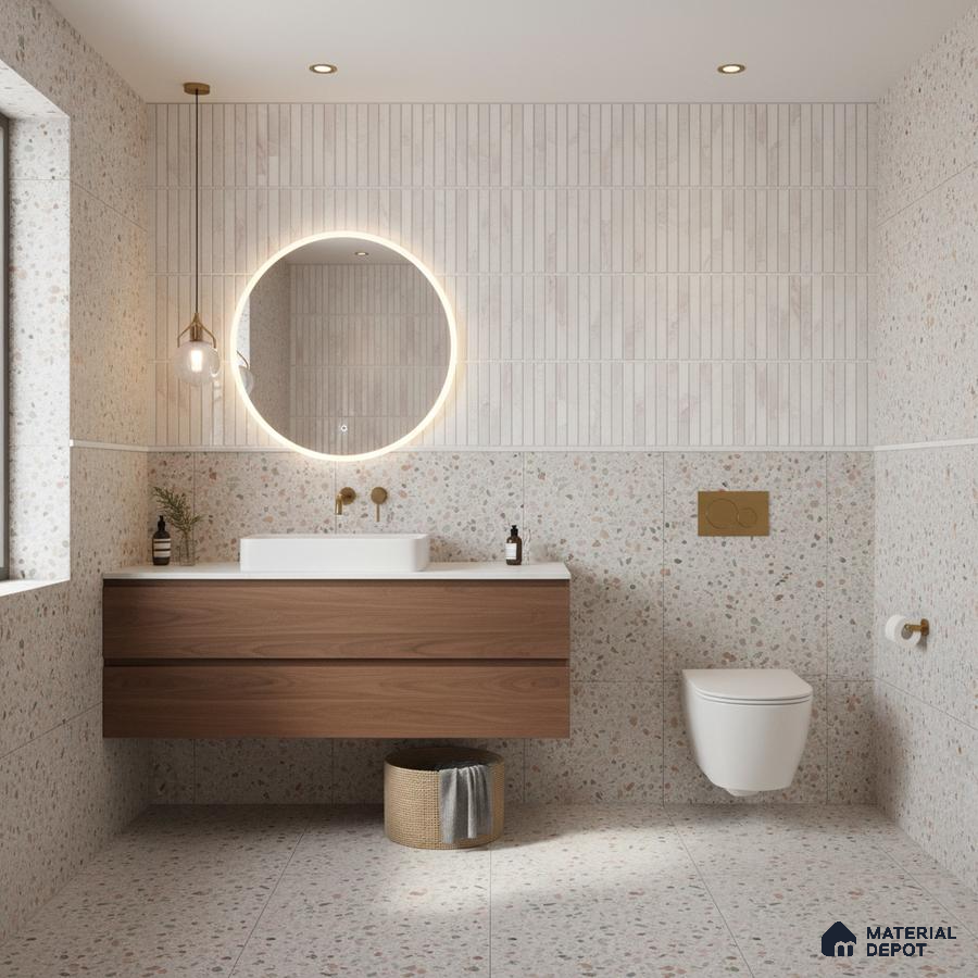 Minimalist bathroom with terrazzo wall and floor tiles and walnut wood floating vanity