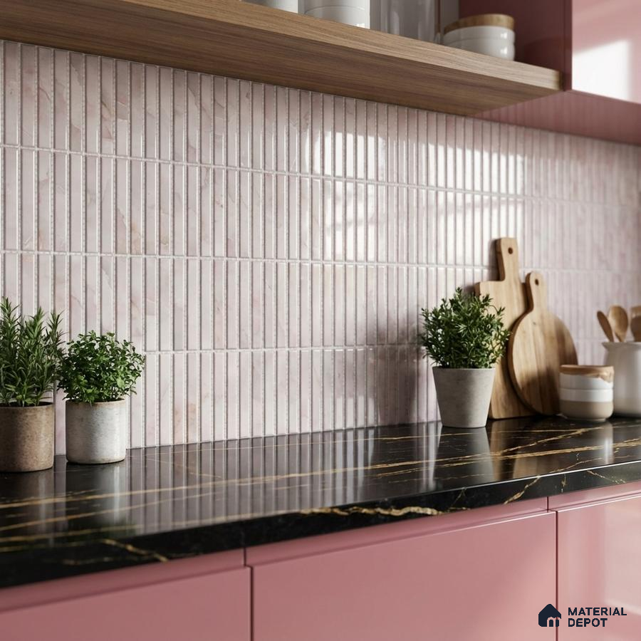 Modern kitchen with blush pink glossy laminate cabinets, black marble countertop, and vertical kitkat backsplash tiles
