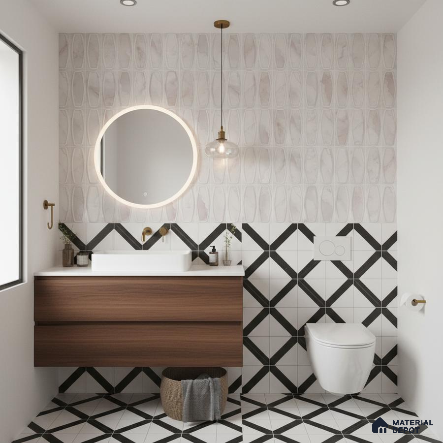 Modern kitchen with white geometric backsplash tile, white quartz countertop, and matte beige laminate cabinets