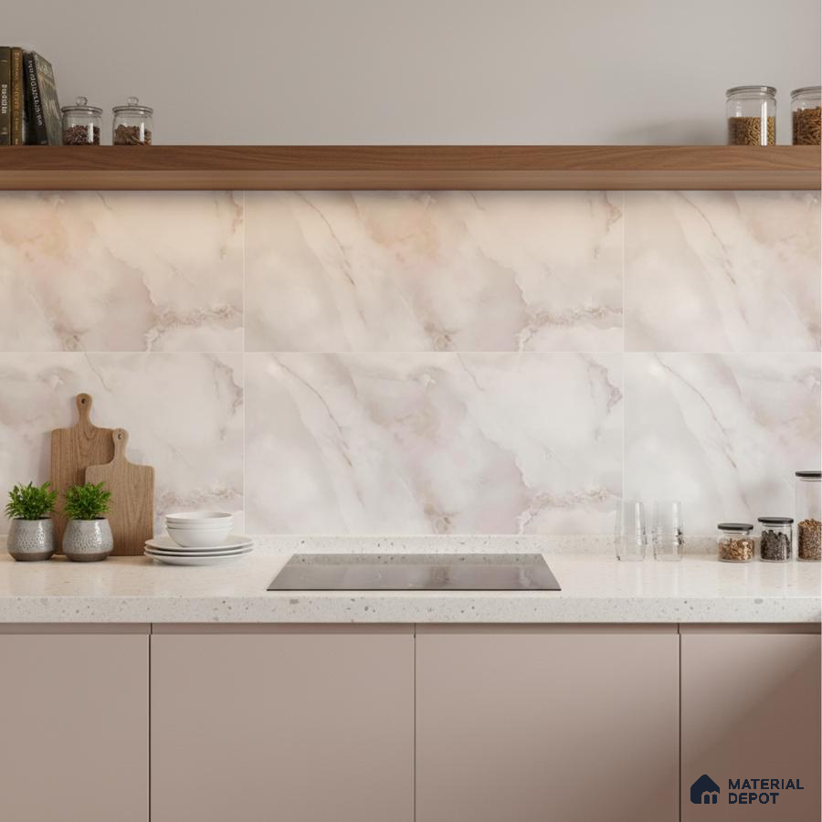Modern kitchen with blush pink marble-look backsplash tile, white quartz countertop, and pastel pink laminate cabinets
