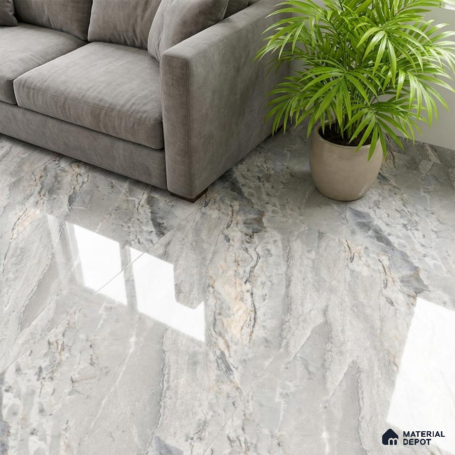 Modern living room with grey marble-look polished floor tiles and grey suede sofa