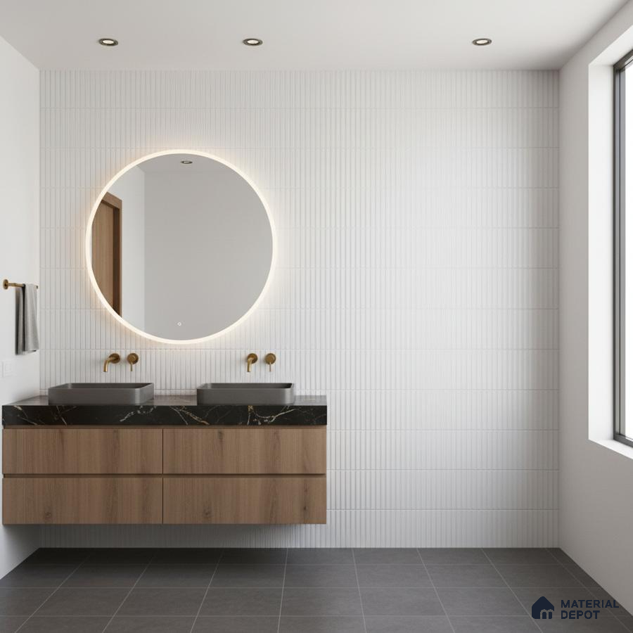 Minimalist bathroom with white fluted wall tiles, black quartz countertop, and wood vanity