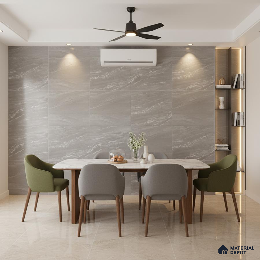 Modern dining room with grey marble wall tiles and beige polished floor tiles