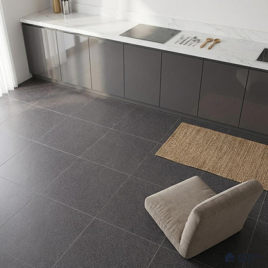 Minimalist kitchen with grey high gloss laminate cabinets and white marble countertop
