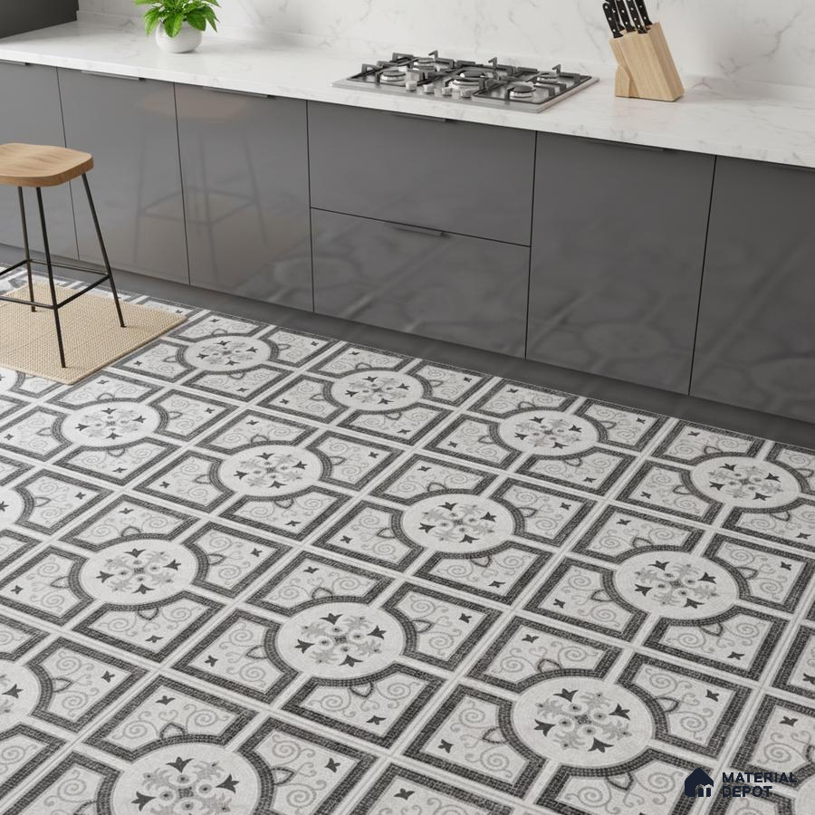 Modern kitchen with grey high gloss laminate cabinets, white marble backsplash, and black-and-white geometric patterned floor tiles