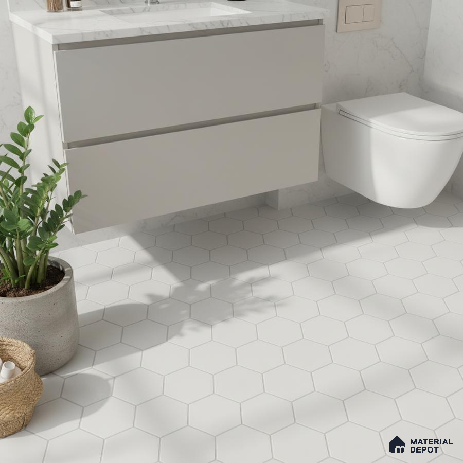 Minimalist bathroom with white hexagonal floor tiles and marble-look vanity countertop
