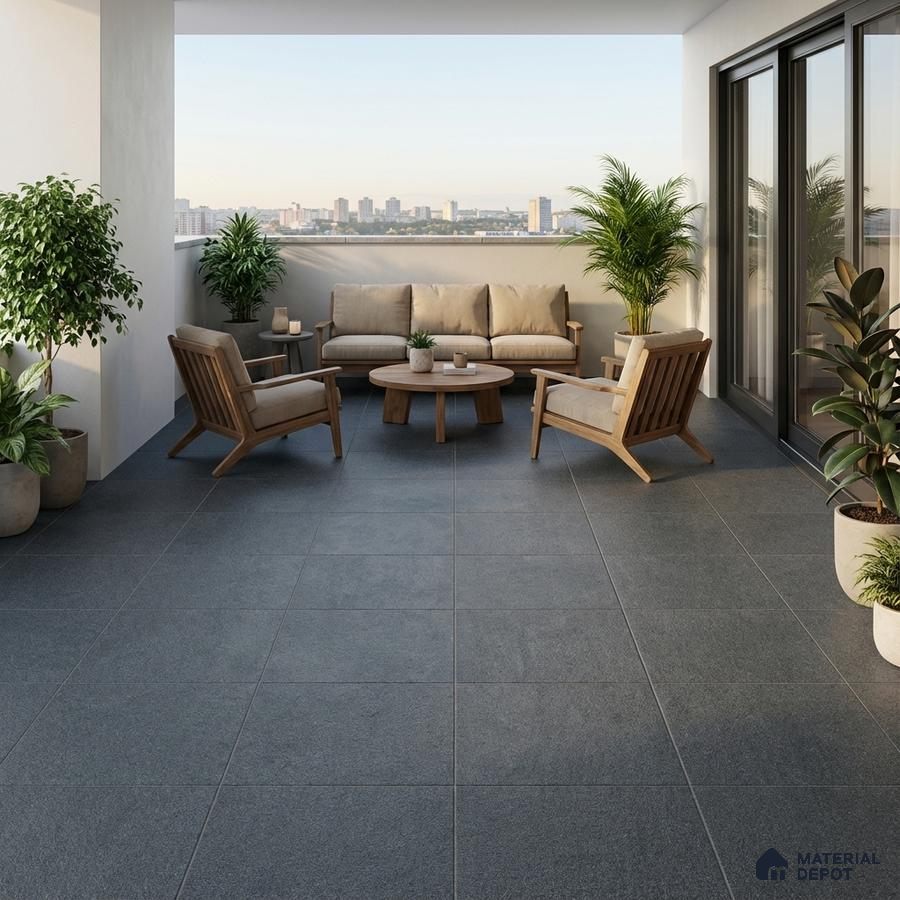 Modern balcony with grey stone floor tiles and natural wood outdoor furniture