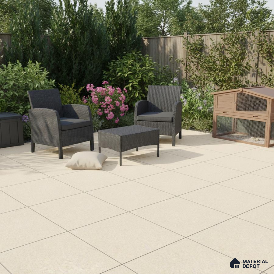 Modern outdoor patio with beige ceramic floor tiles and rattan furniture
