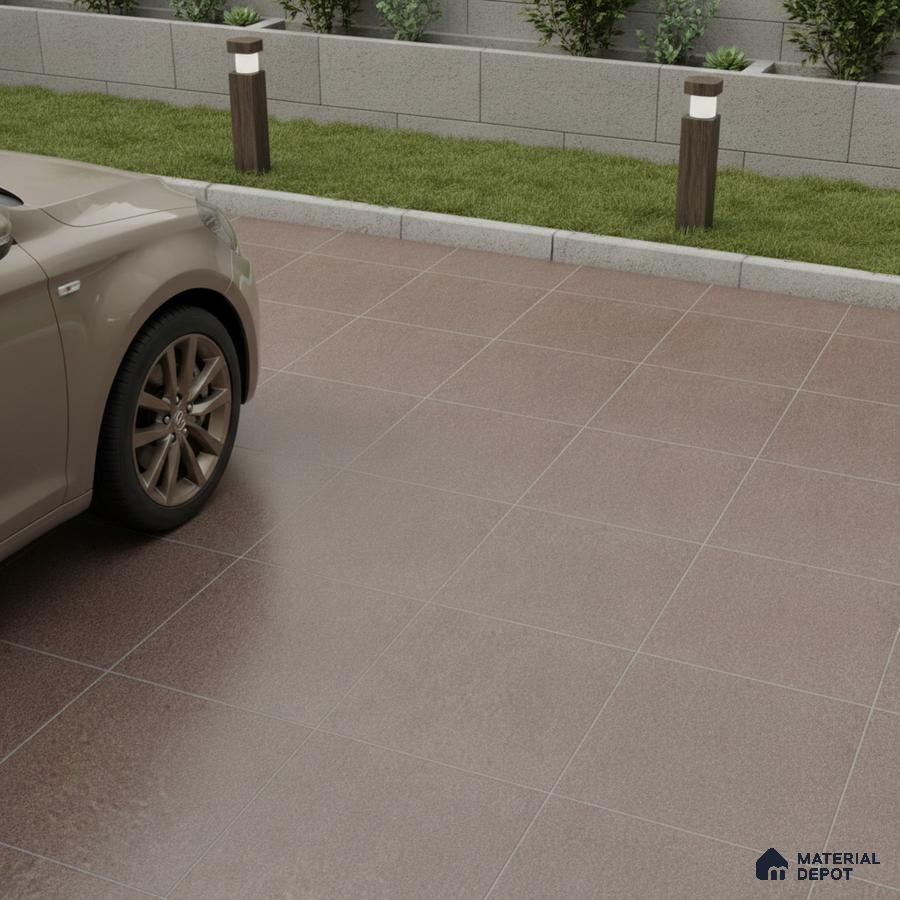 Modern parking with matte terracotta anti-skid floor tiles and concrete planter wall