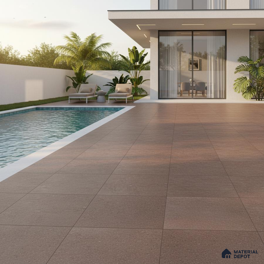 Modern outdoor poolside with matte terracotta floor tiles and minimalist landscaping