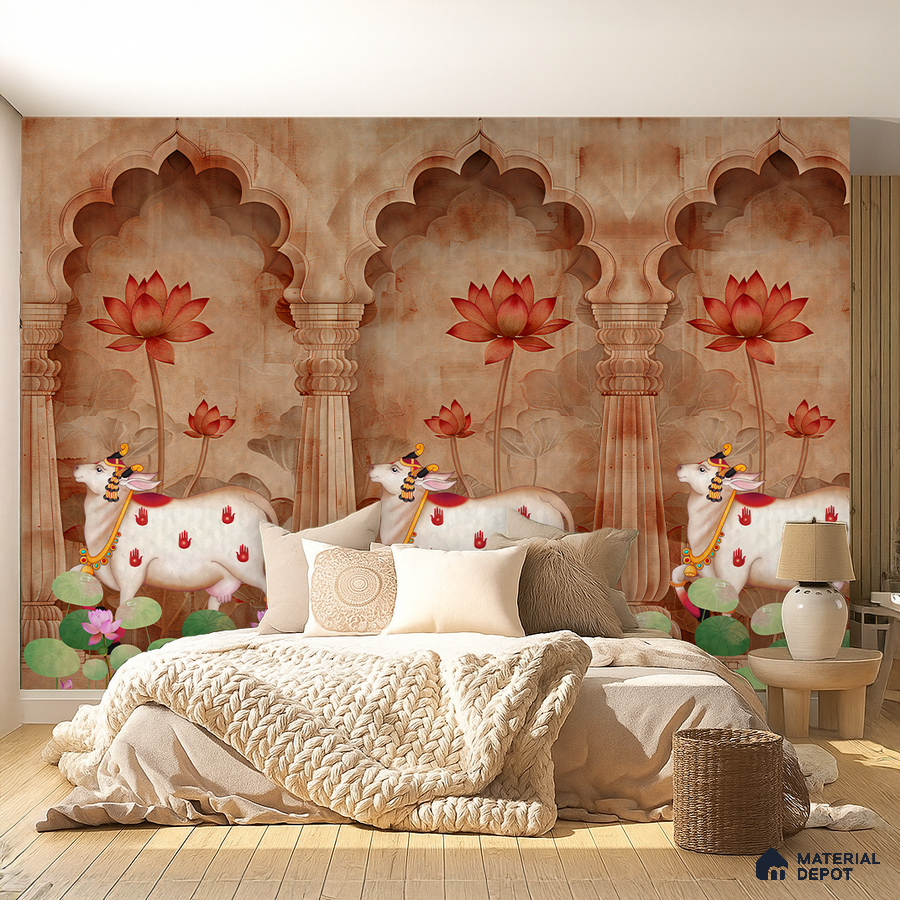 Traditional bedroom with Indian pichwai wallpaper, natural wood flooring, and neutral bedding in Bengaluru