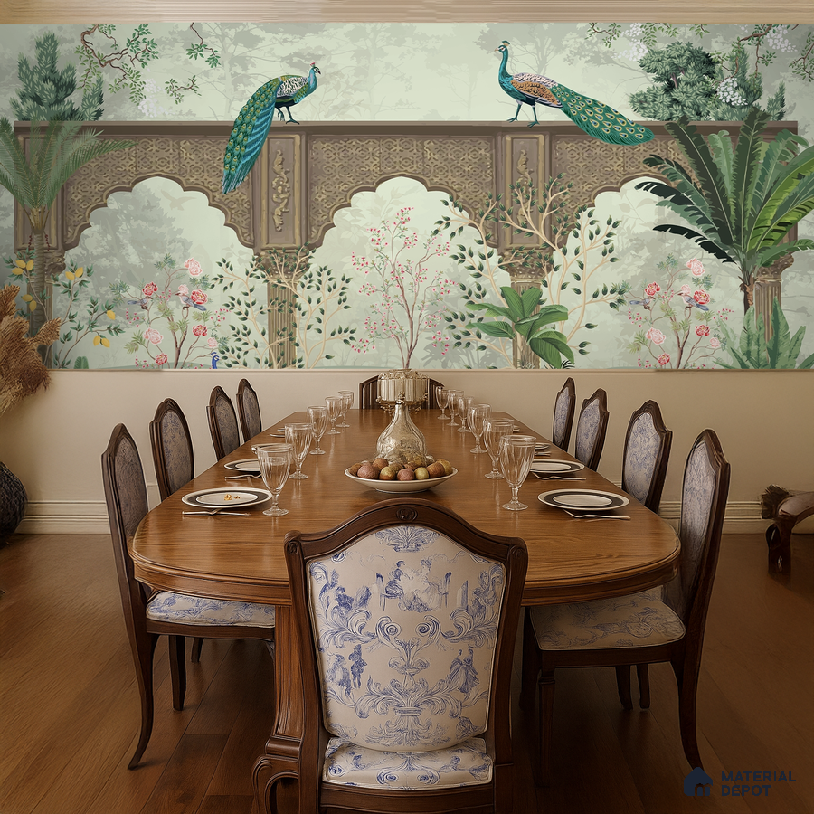 Traditional dining room with chinoiserie wallpaper, carved wood dining table, and classic upholstered chairs in Bengaluru