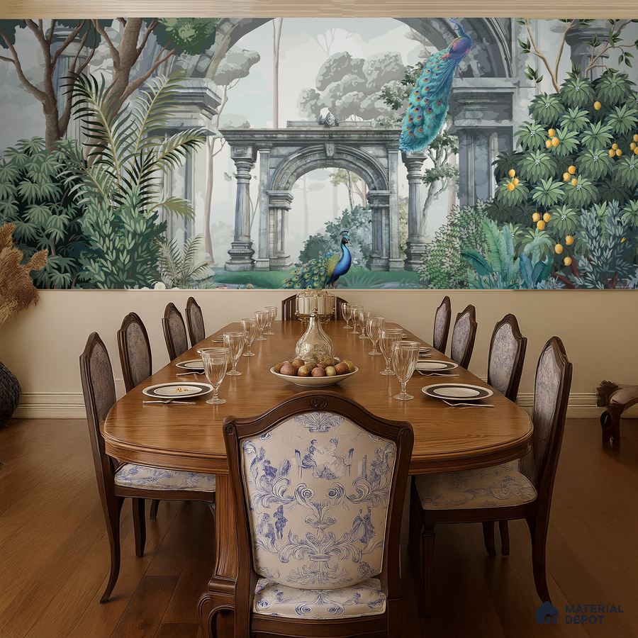 Traditional dining room with chinoiserie wallpaper, classic wood dining table, and upholstered chairs in Bengaluru