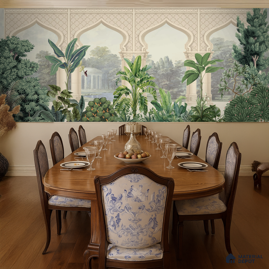 Traditional dining room with chinoiserie wallpaper, classic wooden dining table, and oak wood flooring in Bengaluru
