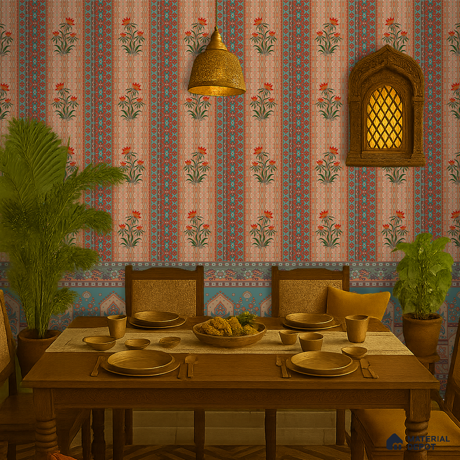 Traditional dining room with Indian floral patterned wallpaper and solid wood dining table in Bengaluru