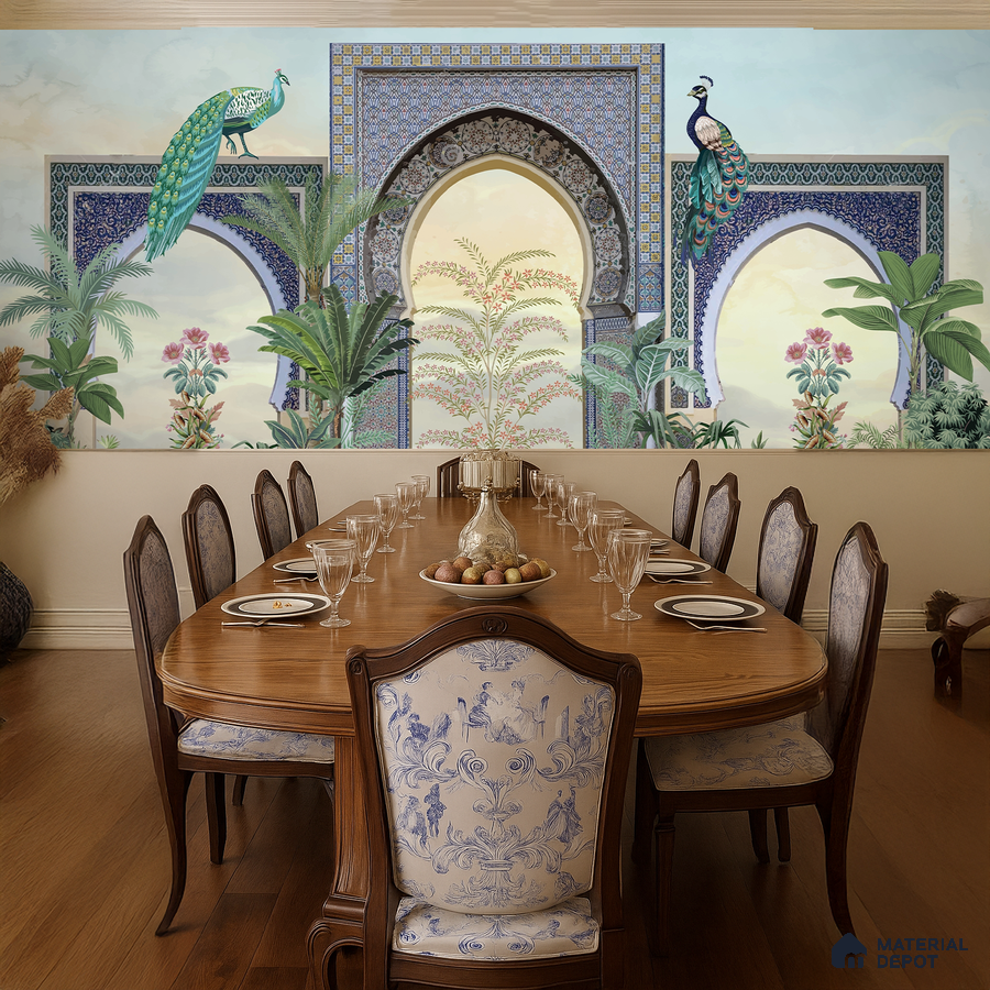 Traditional dining room with peacock-themed mural wallpaper and classic wooden dining set in Bengaluru