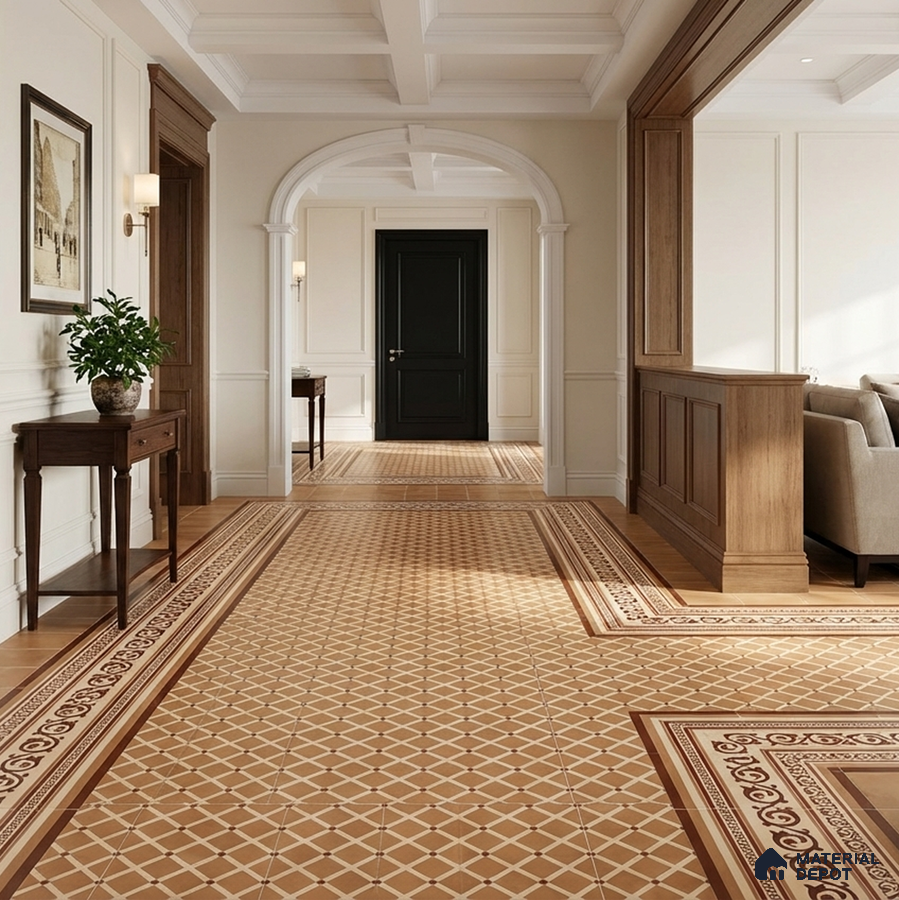 Traditional foyer with patterned terracotta floor tiles and walnut wood paneling