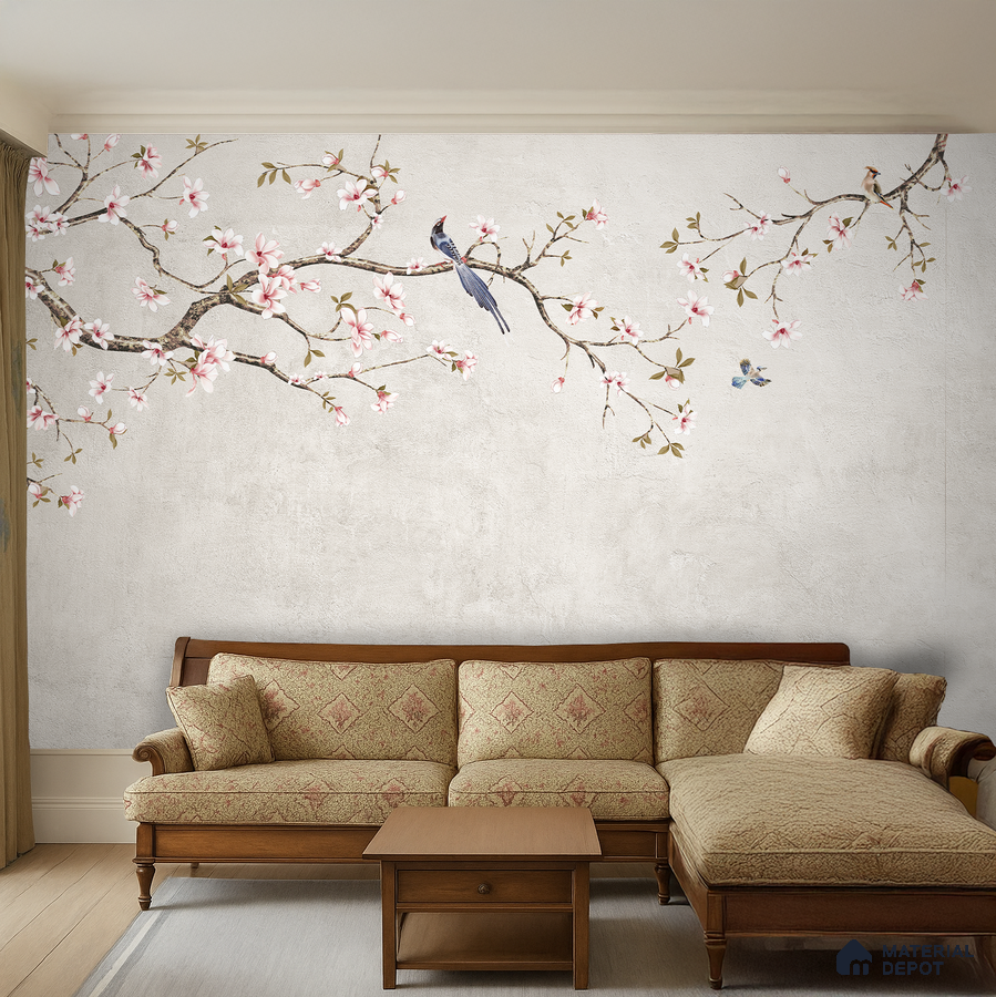 Traditional living room with chinoiserie floral wallpaper and carved wood sofa set in Bengaluru