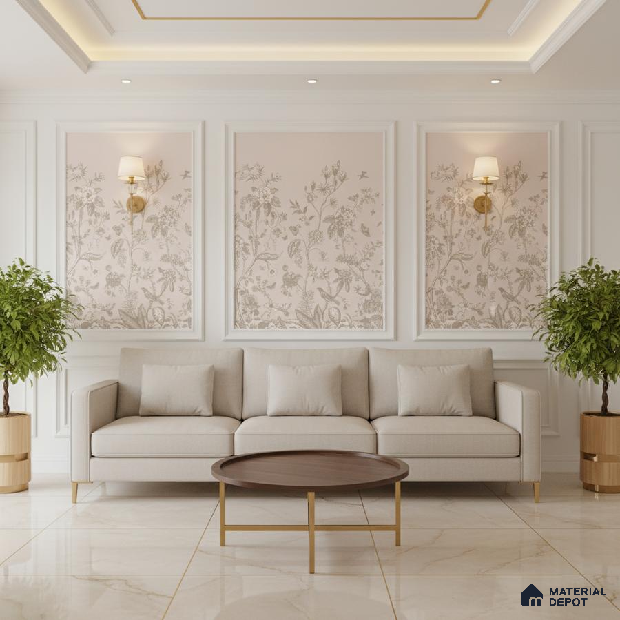 Traditional living room with floral wallpaper panels, beige sofa, and marble floor tiles in Bengaluru