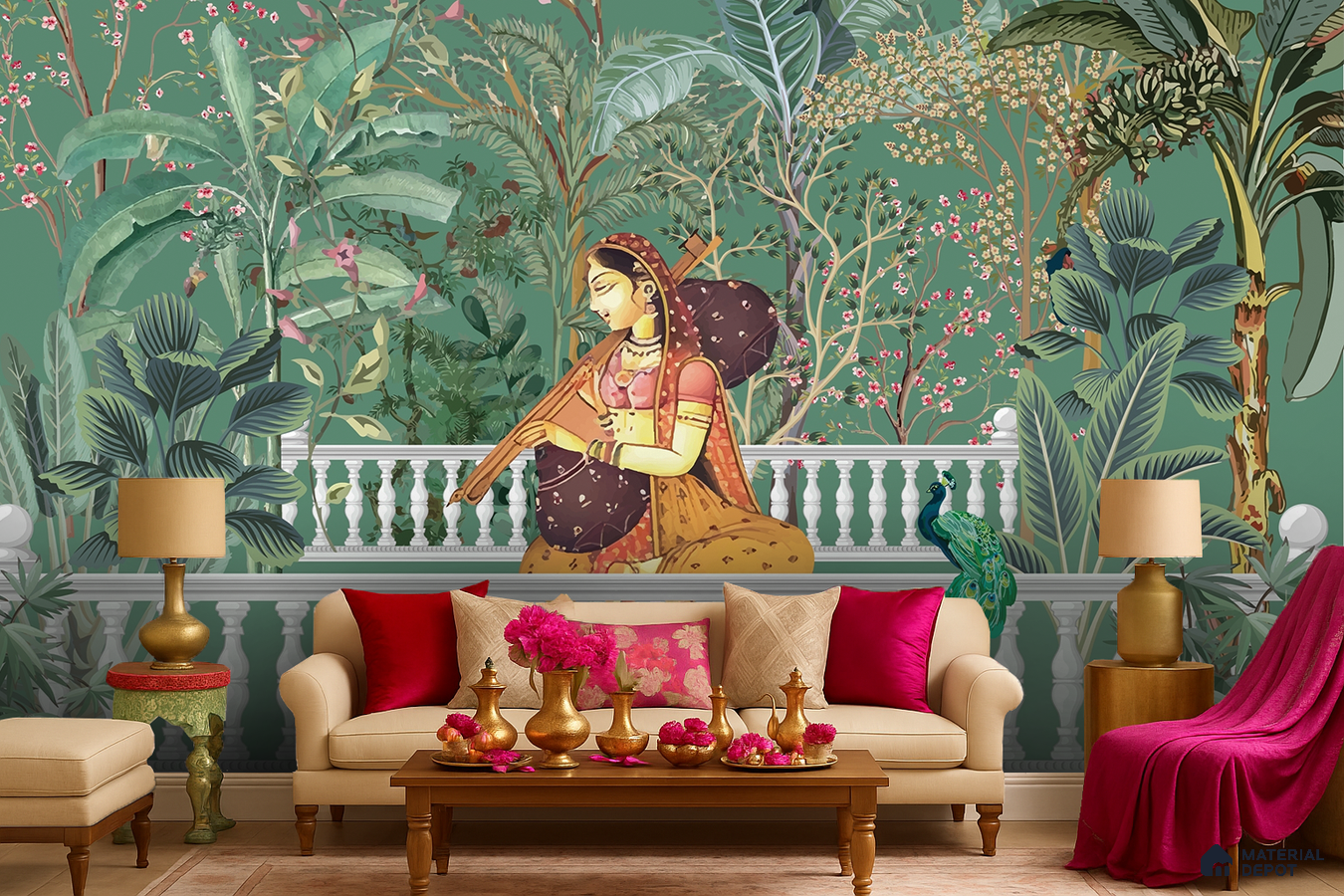 Traditional living room with Indian mural wallpaper and beige upholstered sofa in Bengaluru