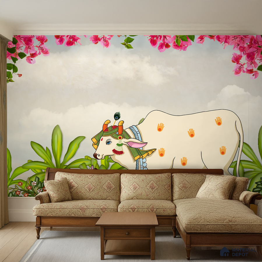 Traditional living room with Indian Pichwai cow mural wallpaper and classic wooden sofa set in Bengaluru
