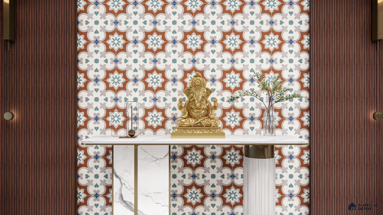 Traditional Mandir Setup with Mediterranean Patterned Tiles and Fluted Panels | Material Depot