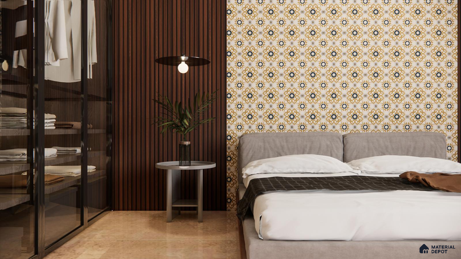 Traditional Ornate Tile Accent in Modern Bedroom | Material Depot
