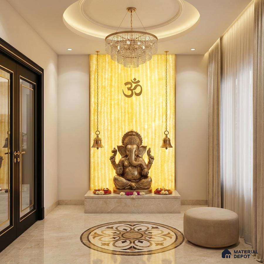 Traditional pooja room with backlit alabaster panel, marble flooring, and gold accents
