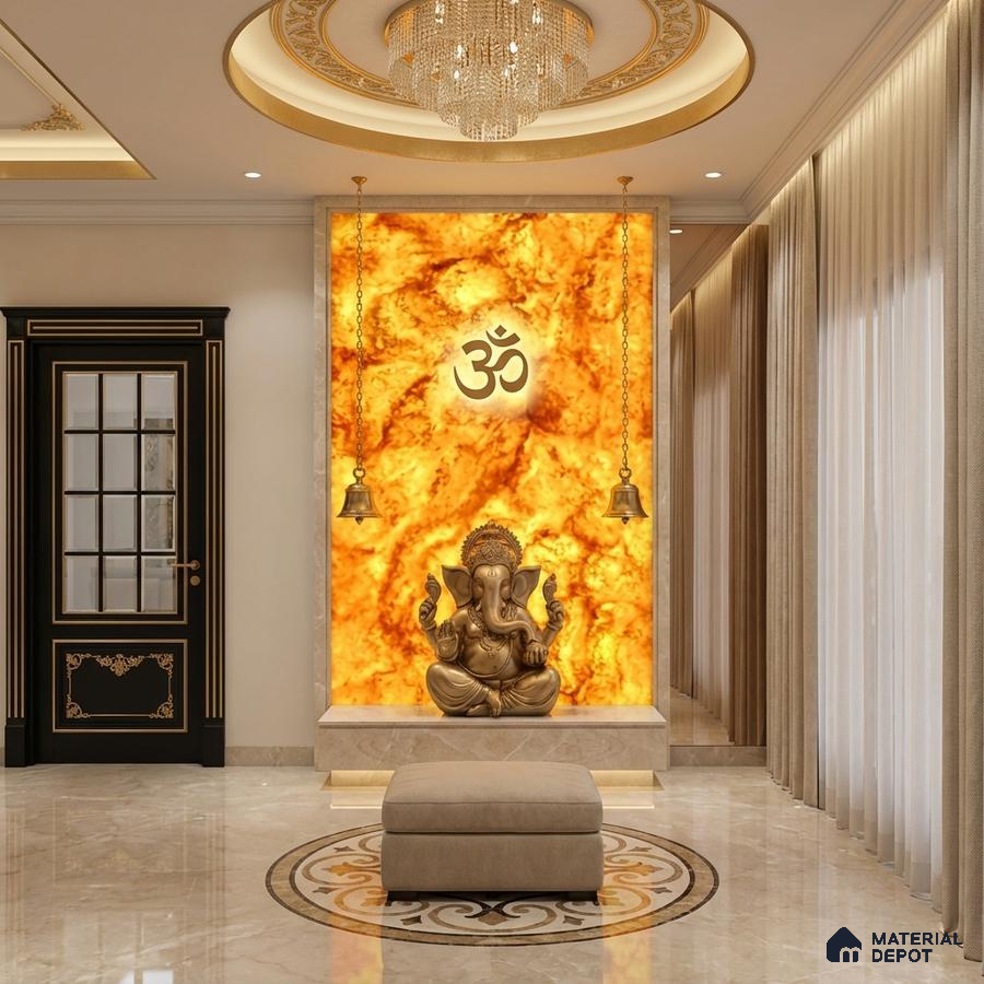 Traditional pooja room with backlit golden alabaster panel and marble flooring