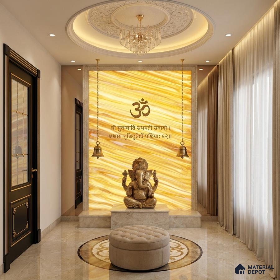Traditional pooja room with backlit golden alabaster panel and marble flooring