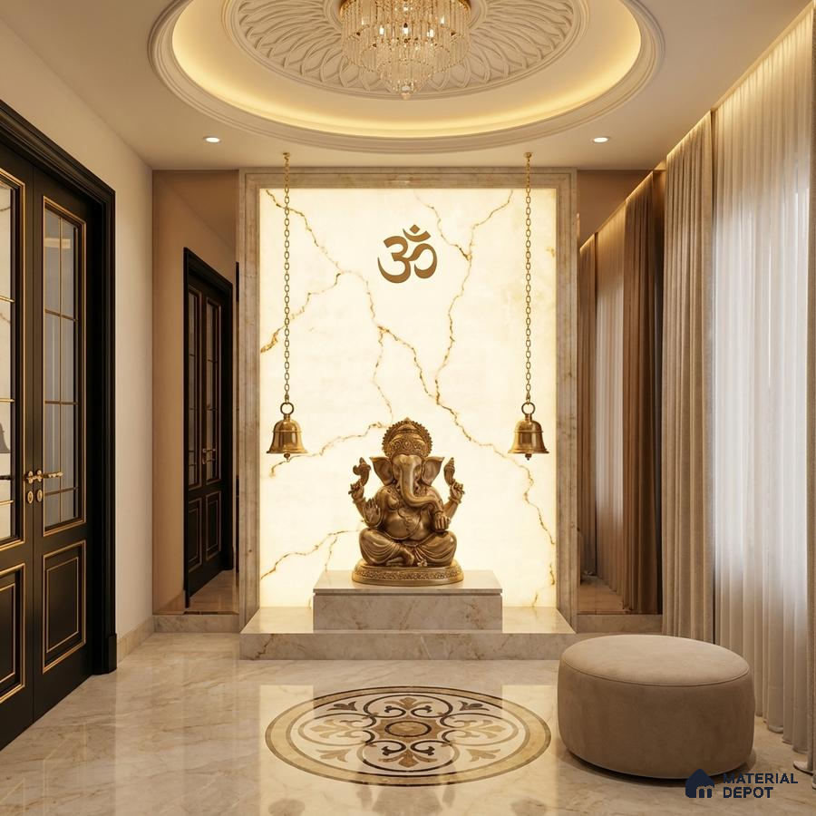 Traditional pooja room with backlit marble wall, gold accents, and marble inlay flooring