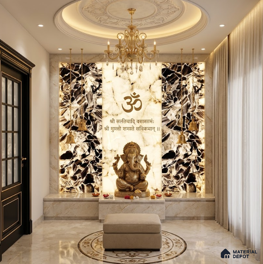 Traditional pooja room with backlit onyx marble panels and marble flooring