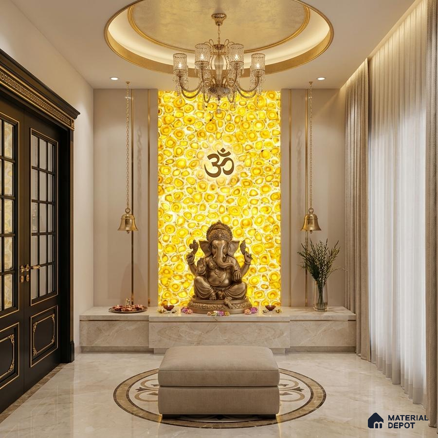 Traditional pooja room with backlit yellow agate stone panel and marble flooring