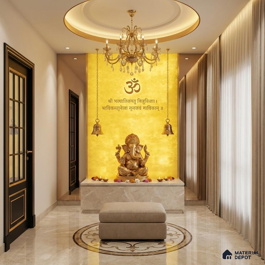 Traditional pooja room with golden textured wall panel and marble flooring