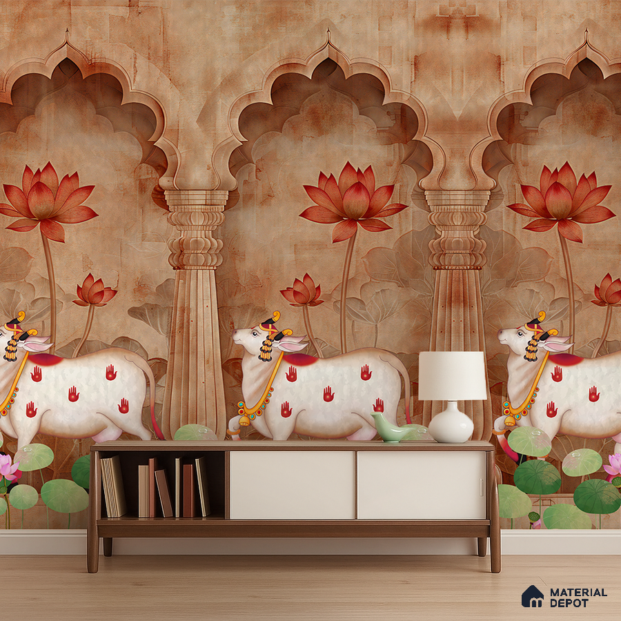 Traditional pooja room with Indian pichwai wallpaper and lotus motif in Bengaluru