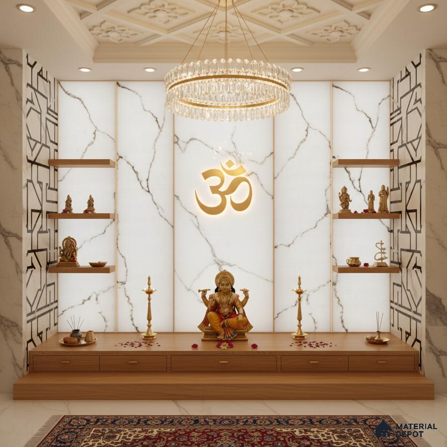 Traditional pooja room with white marble-look wall panels, wooden platform, and gold accents